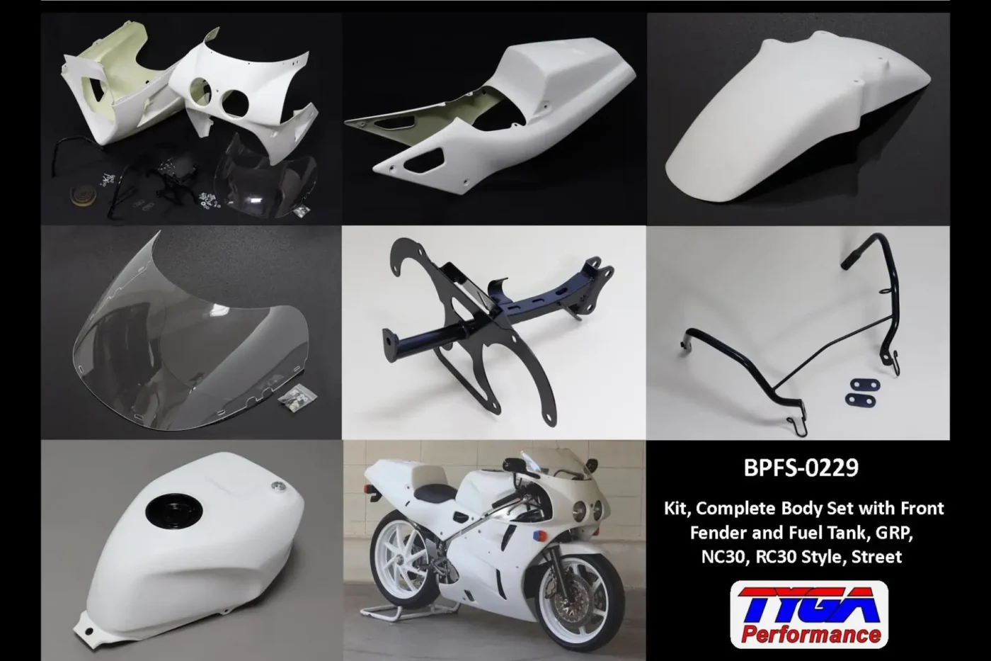 Kit, Complete Body Set with Front Fender and Fuel Tank, GRP, NC30, RC30 Style, Street