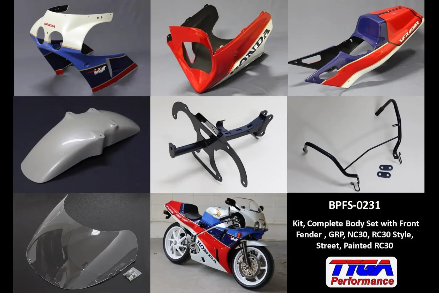 Kit, Complete Body Set with Front Fender, GRP, NC30, RC30 Style, Street, Painted RC30