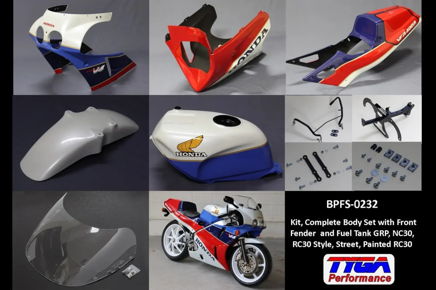 Kit, Complete Body Set with Front Fender and Fuel Tank, GRP, NC30, RC30 Style, Street, Painted RC30