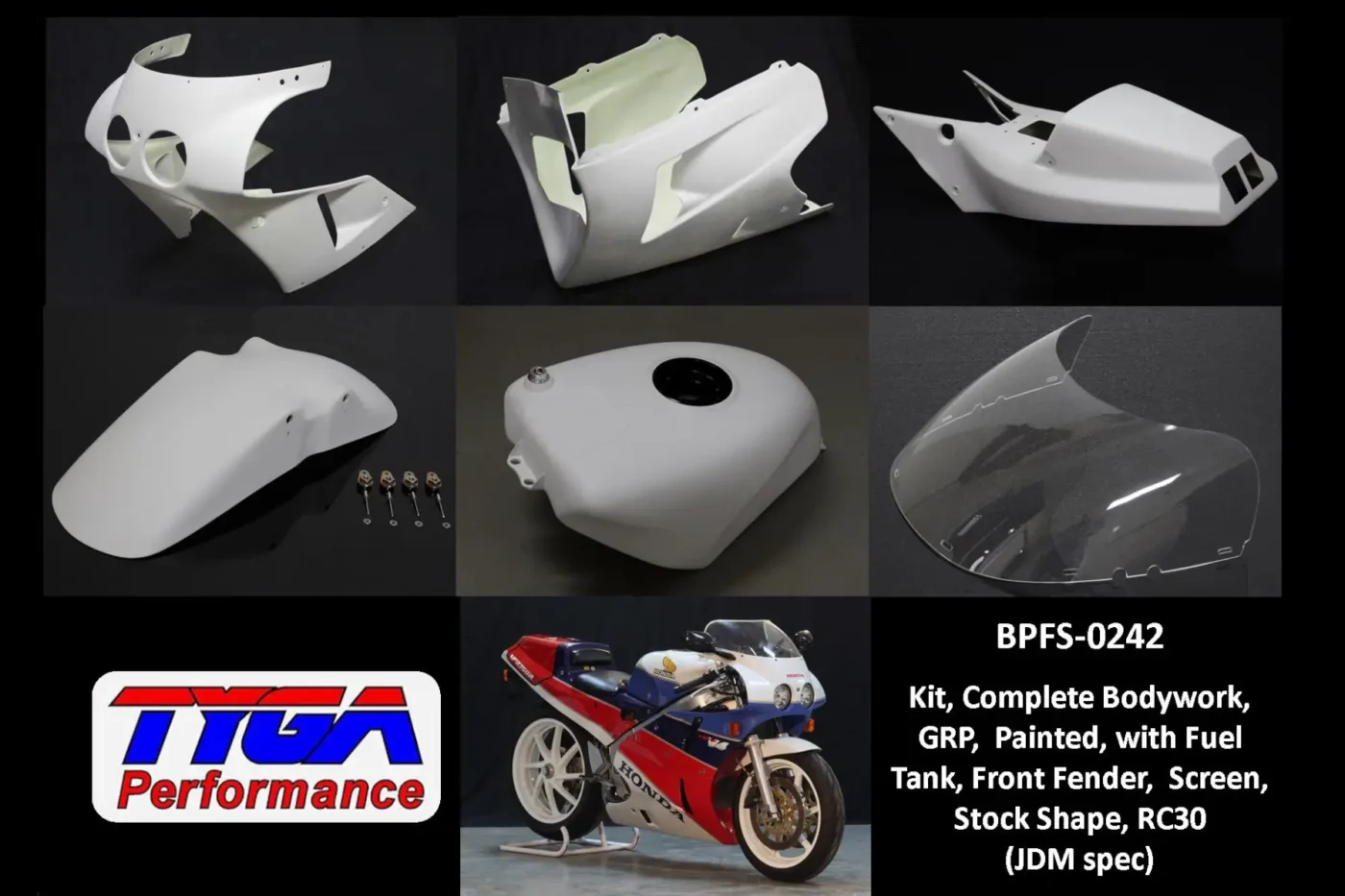 Kit, Complete Painted Bodywork, GRP, with Fuel Tank & Front Fender, Stock Shape, RC30 (JDM spec)