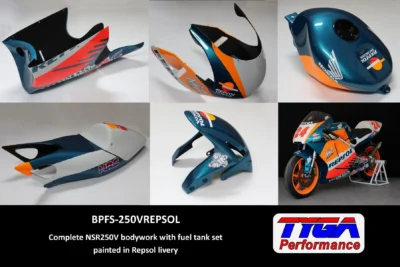 Kit, GRP, Complete bodywork set with Fuel Tank and Front Fender, painted Repsol, MC21, MC28 NSR250V