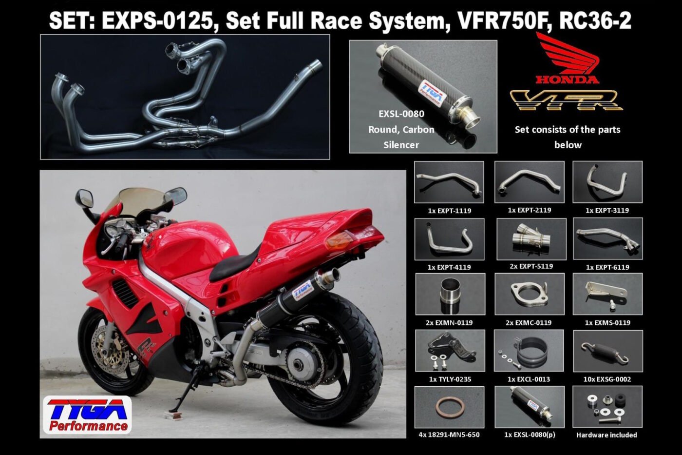 Set, Pipe, L.H Exit, Full Race System, RC36-2, Round Carbon Silencer
