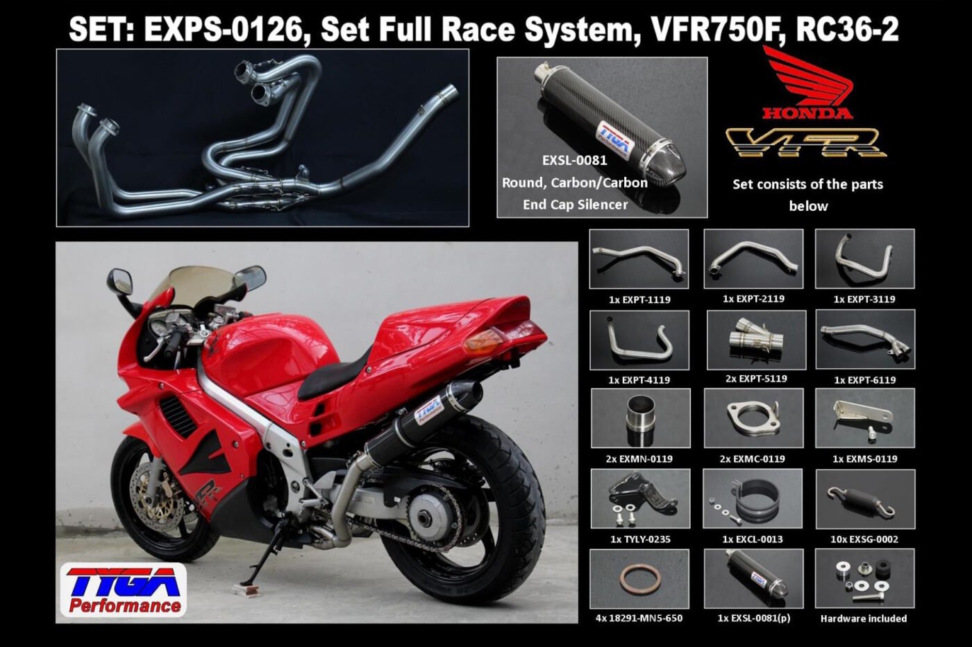 Set, Pipe, L.H Exit, Full Race System, RC36-2, Round Carbon/Carbon End Cap Silencer