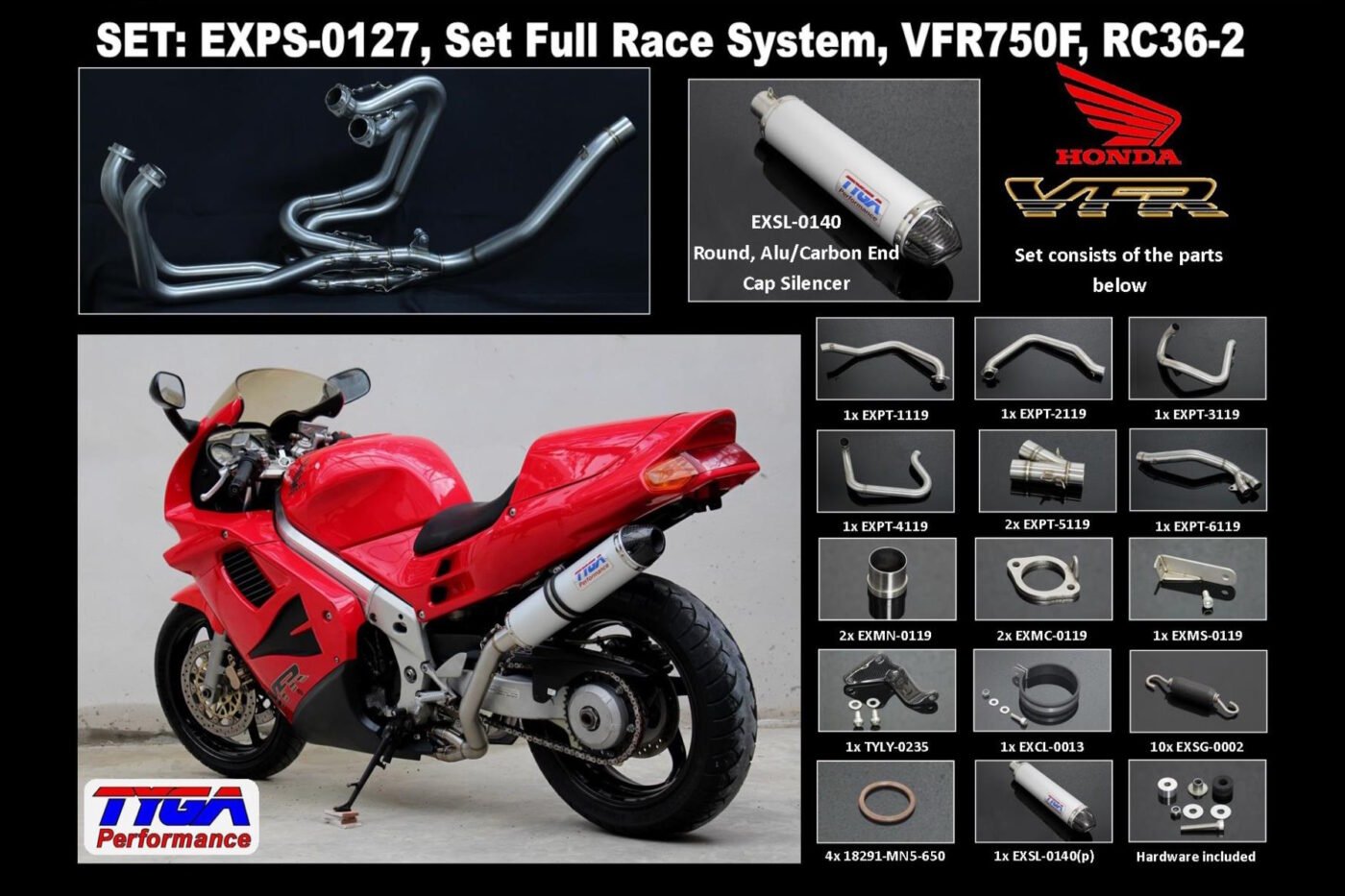 Set, Pipe, L.H Exit, Full Race System, RC36-2, Round Aluminium/Carbon End Cap Silencer