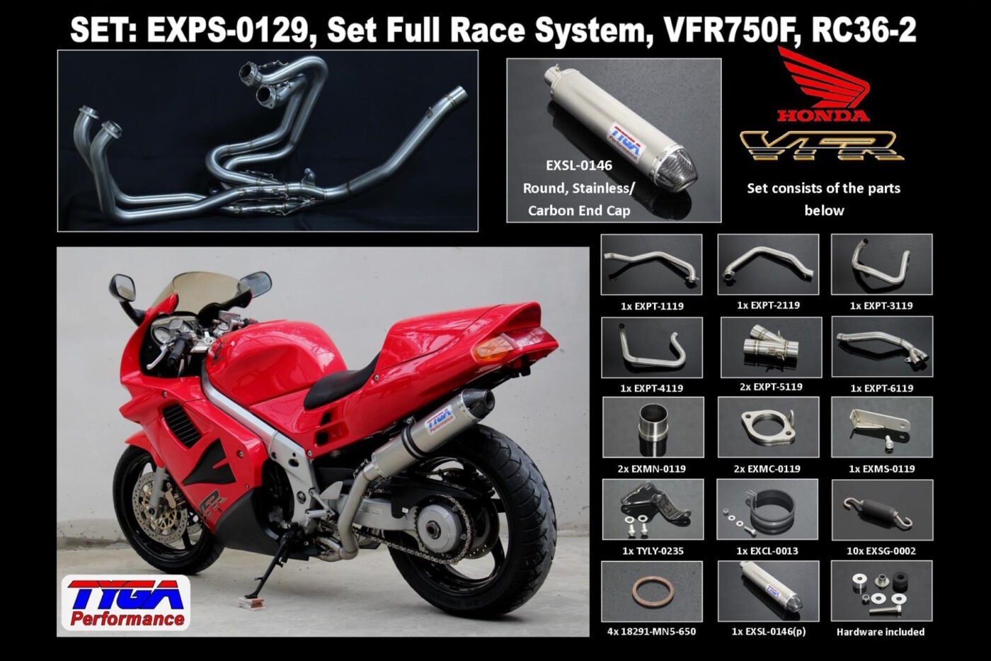 Set, Pipe, L.H Exit, Full Race System, RC36-2, Round Stainless/Carbon End Cap Silencer