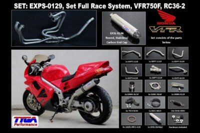 Set, Pipe, L.H Exit, Full Race System, RC36-2, Round Stainless/Carbon End Cap Silencer