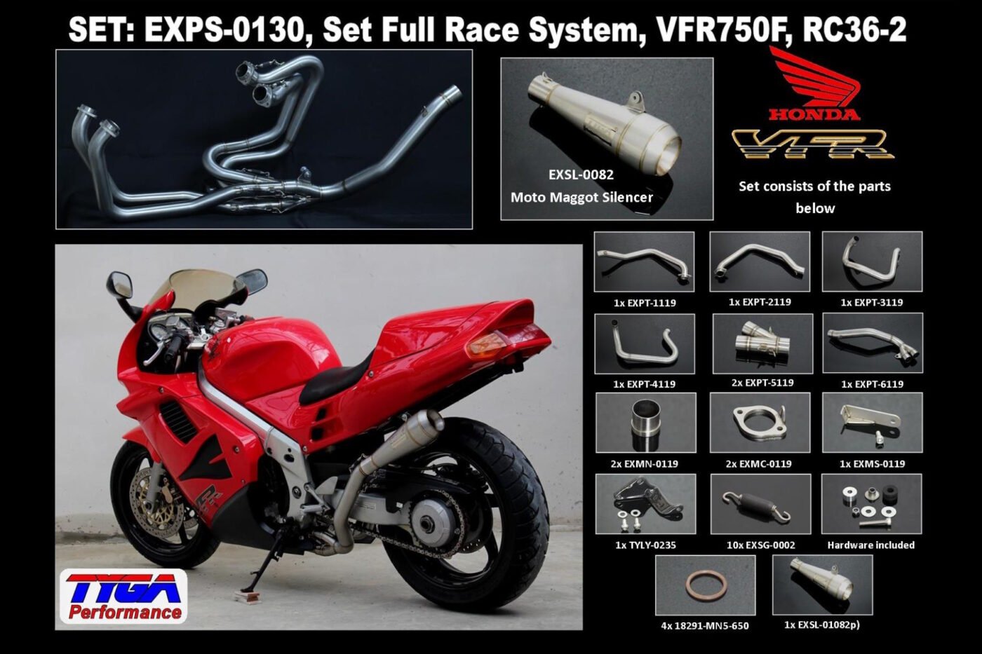 Set, Pipe, L.H Exit, Full Race System, RC36-2, Stainless Maggot Silencer